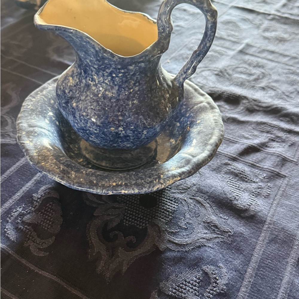 Artisan Blue Ceramic Pitcher and Bowl Set